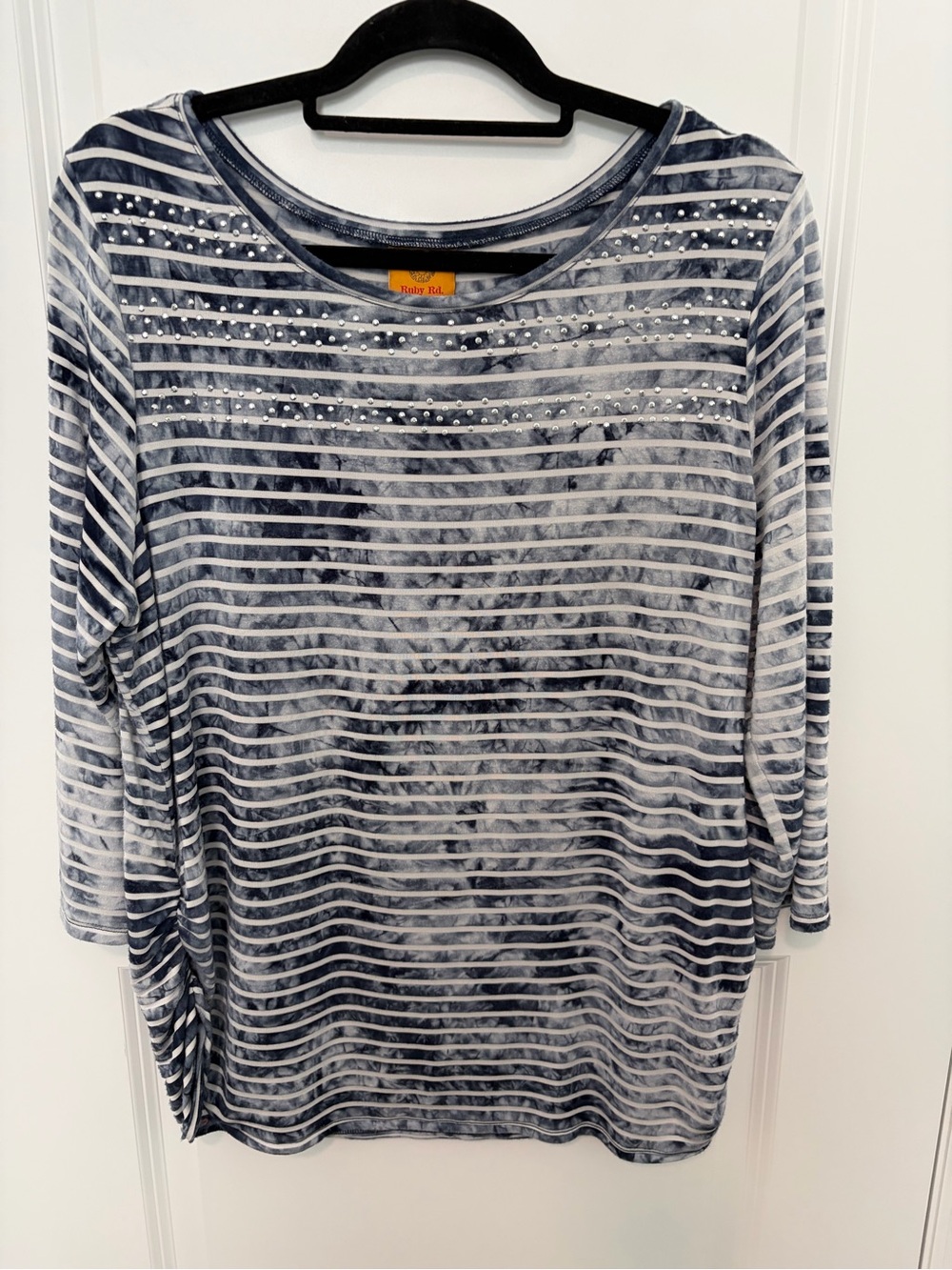 Ruby Rd. Navy and White Striped Long Sleeve Top with Stud Accents